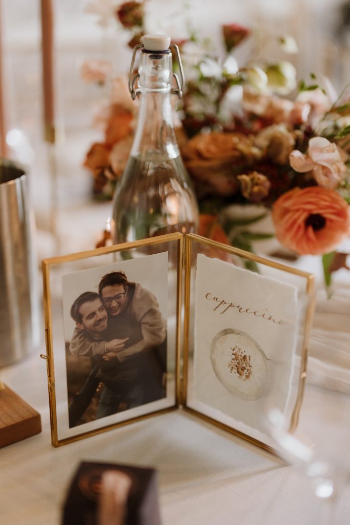 Personalised table names using the couples engagement shoot photos and illustrations of their favourite coffees.