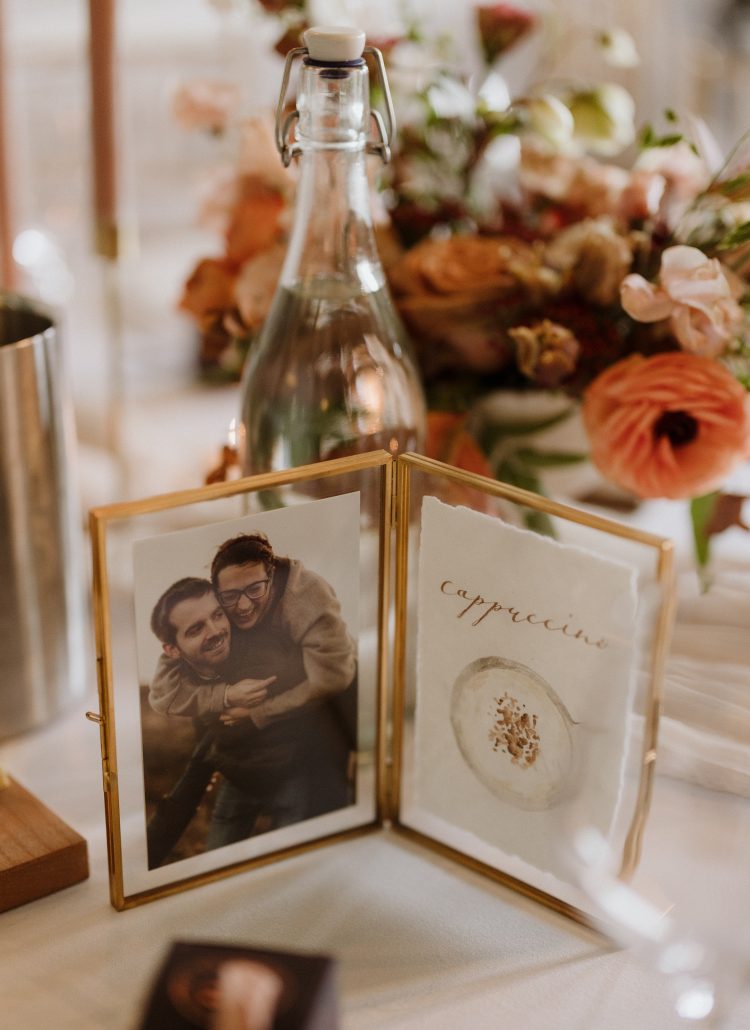 Personalised table names using the couples engagement shoot photos and illustrations of their favourite coffees.